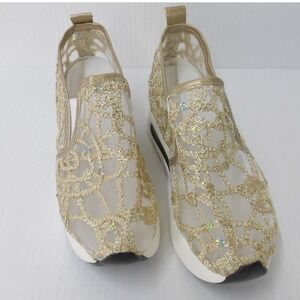 Womens Gold Sequined‎ Mesh Slip On Wedge Sneakers Casual Sz 38/7 #S9025 Shoes